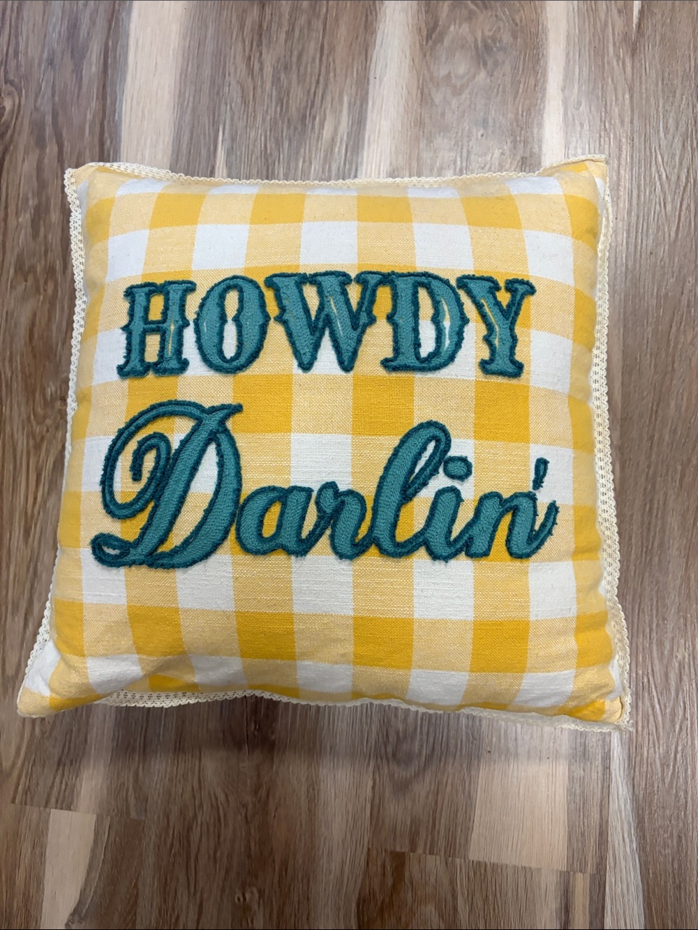 The Pioneer Woman Yellow Gingham "Howdy Darlin'" Decorative Pillow